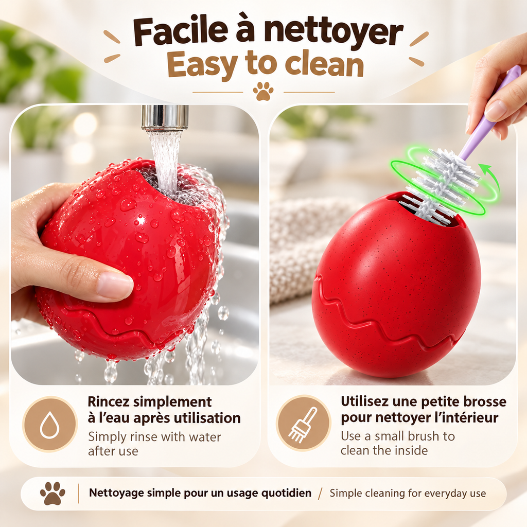 Red Brighty DinoEgg being rinsed under running water and cleaned inside with a small brush, with bilingual care instructions.