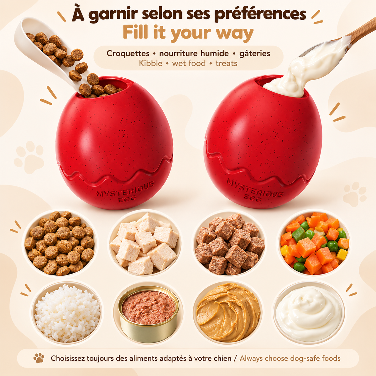 Red Brighty DinoEgg being filled with kibble and a creamy topping, alongside food examples and a reminder to choose dog-safe ingredients.