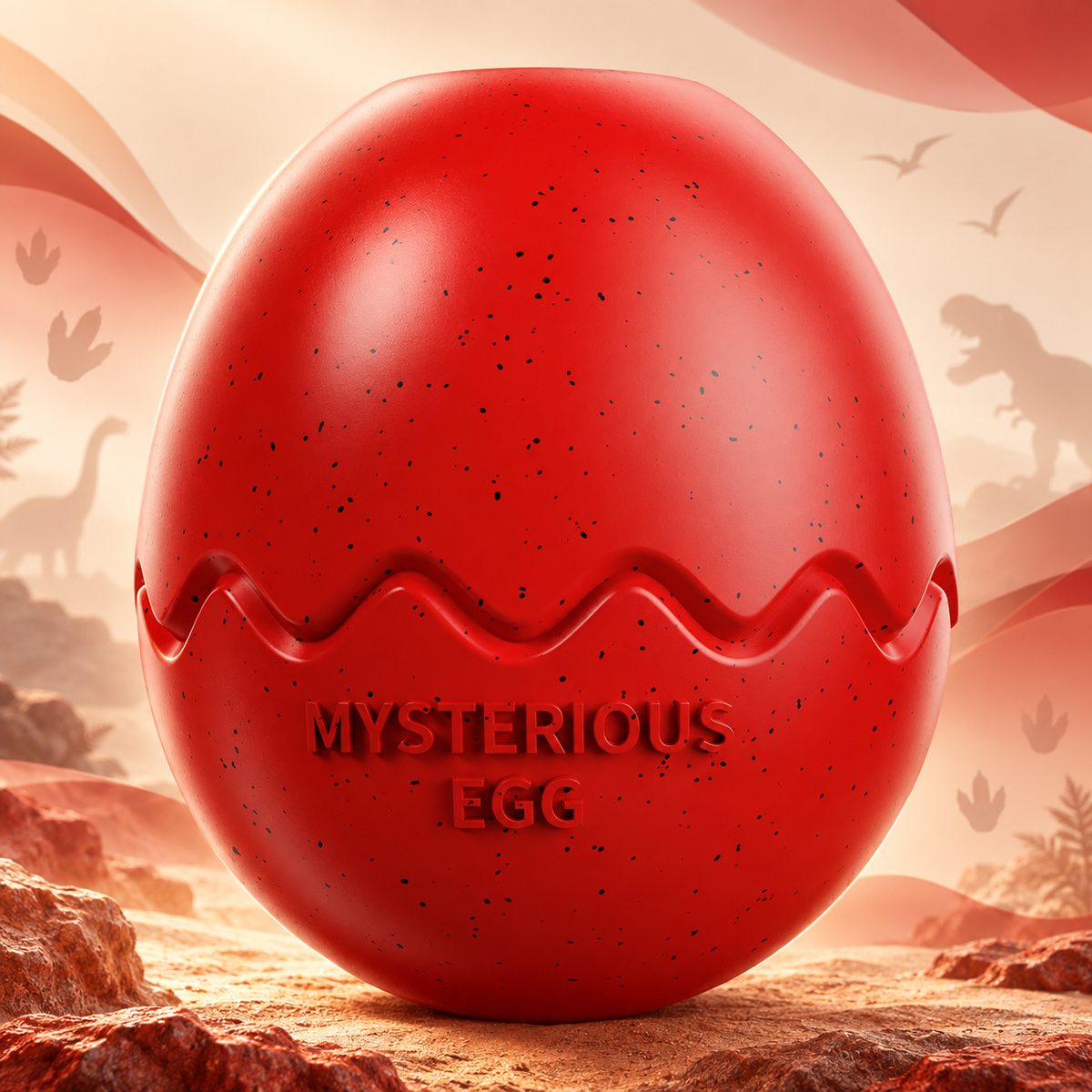 Red Brighty DinoEgg with a black-speckled finish and cracked-egg detail, displayed on a rocky surface against a dinosaur-themed background.