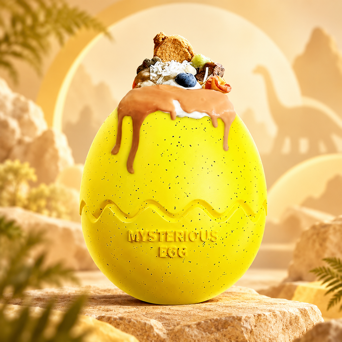 Yellow speckled Brighty DinoEgg filled with food and topped with a creamy spread and treats, displayed against a golden dinosaur-themed background.