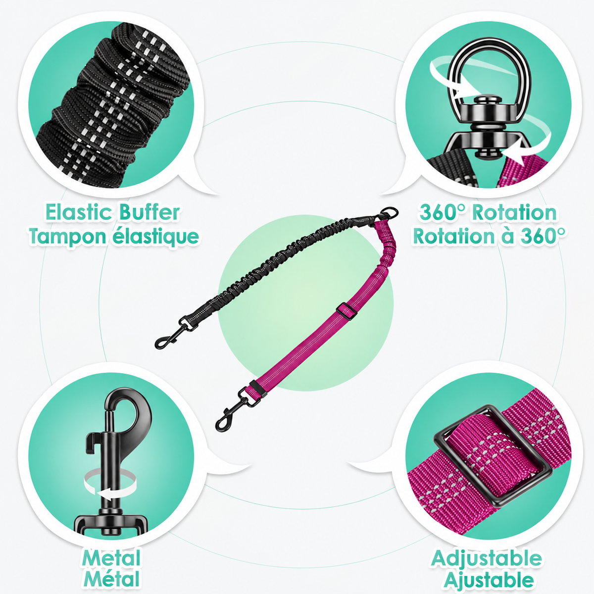 Pink and black coupler shown with elastic webbing, an adjustable slider and rotating metal clips.