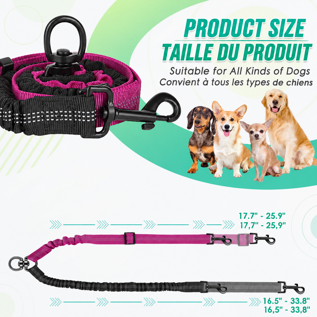 Pink and black double-dog coupler with adjustable branches and length ranges shown in inches.