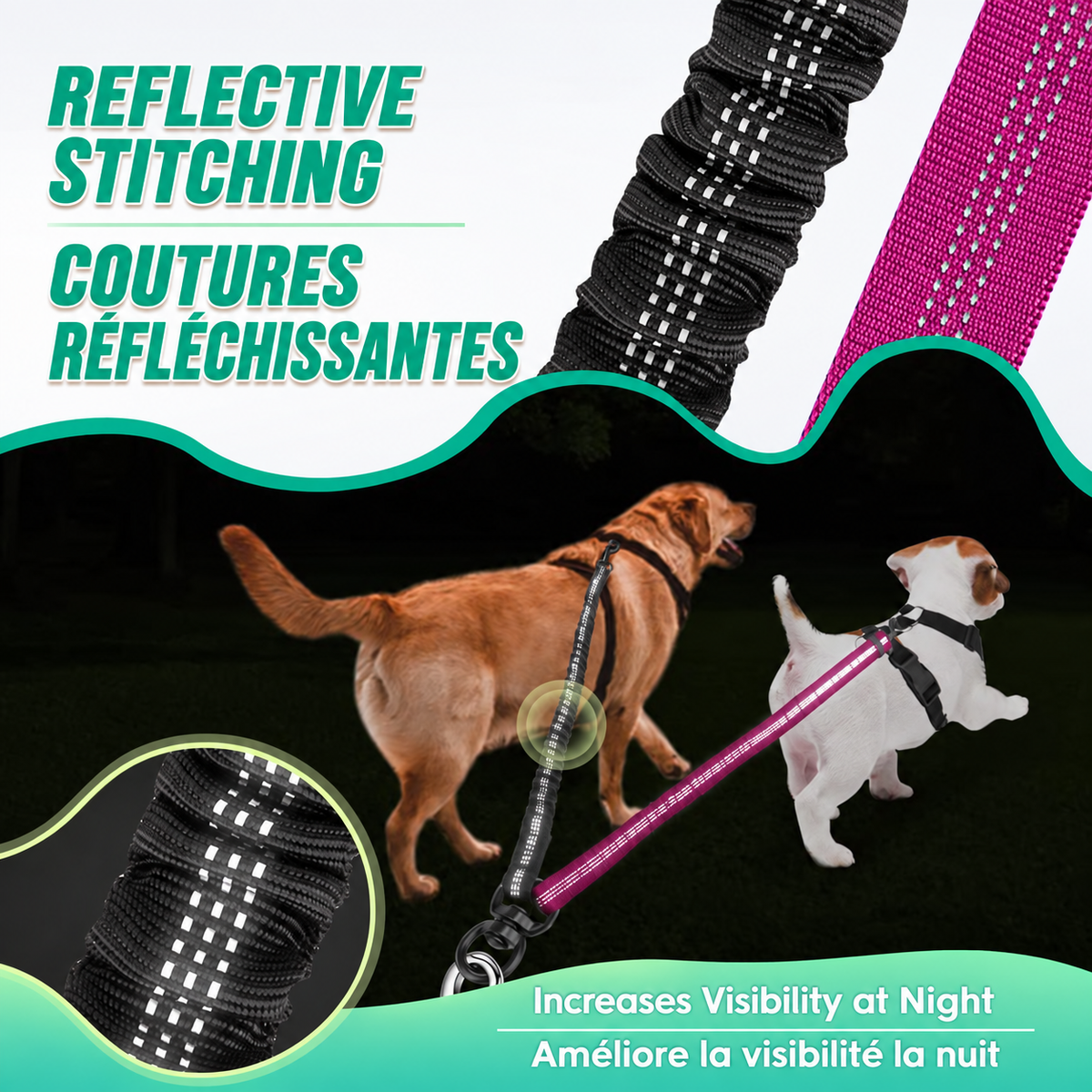 Close-up of reflective stitching on black elastic and pink leash branches, with two dogs in a nighttime scene.