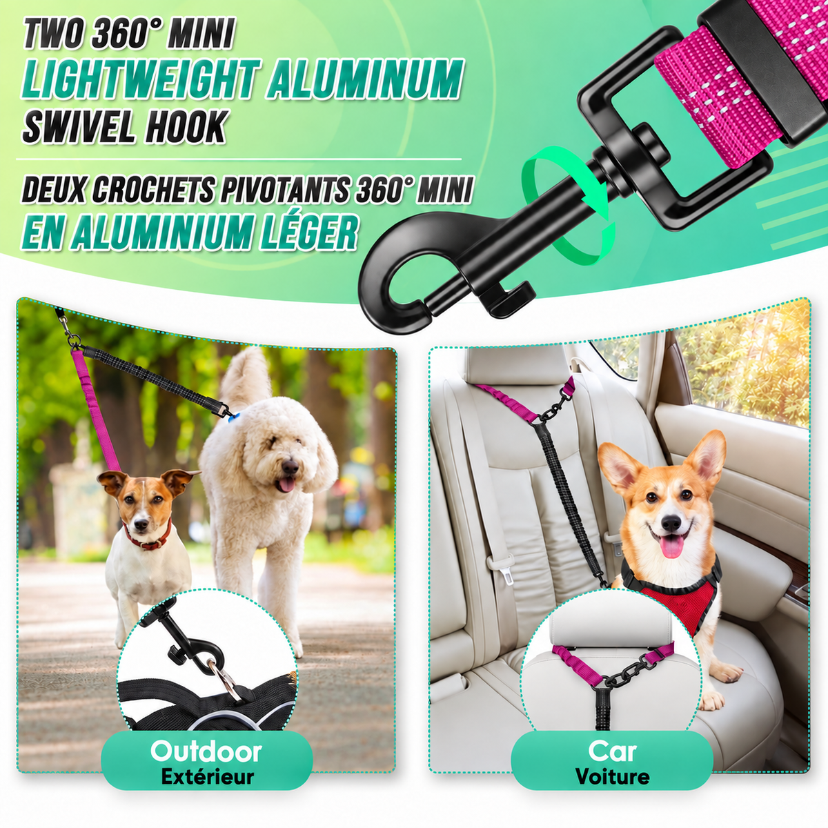 Marketing graphic showing the pink and black coupler with dogs outdoors and a dog seated in a car.