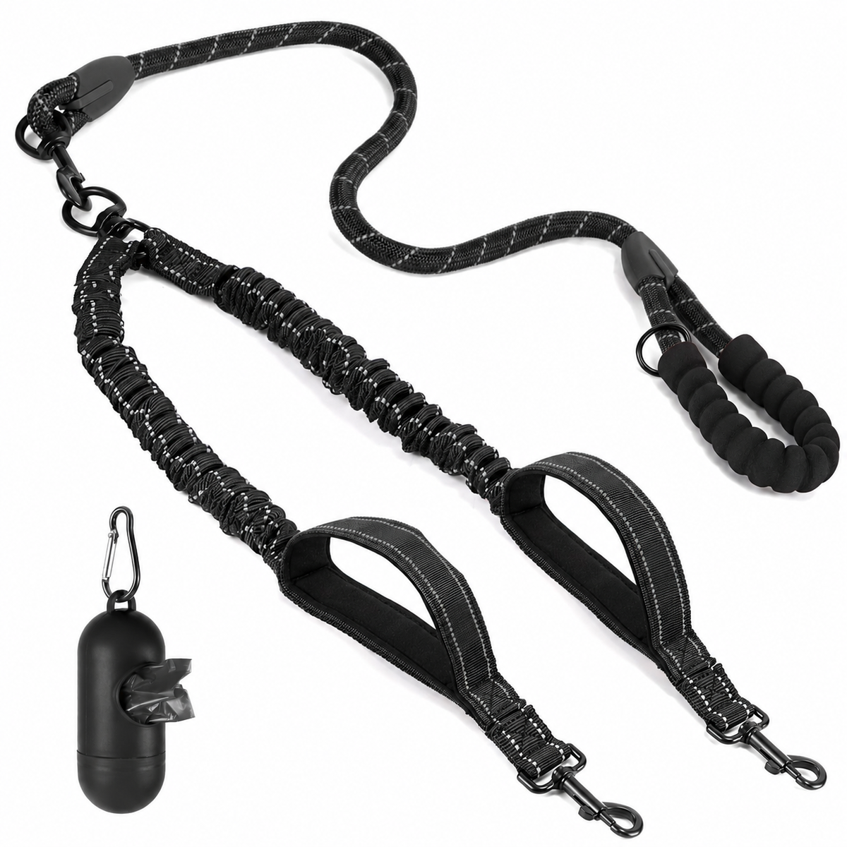 Black double dog leash with elastic branches, padded control loops and a matching bag dispenser.