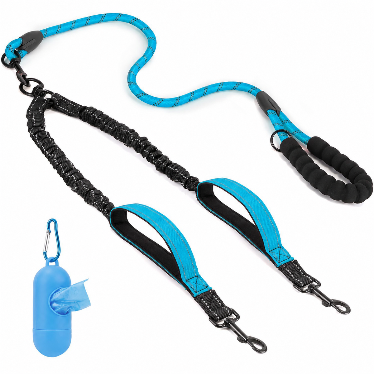 Blue and black double dog leash with padded handle, elastic branches, close-control loops and a matching bag dispenser.