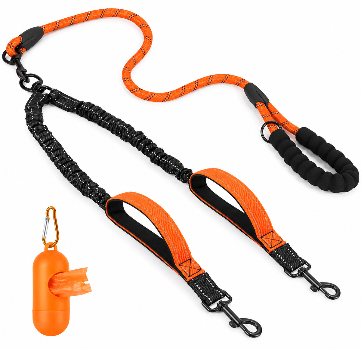Orange and black double dog leash with elastic branches, close-control loops and a matching bag dispenser.