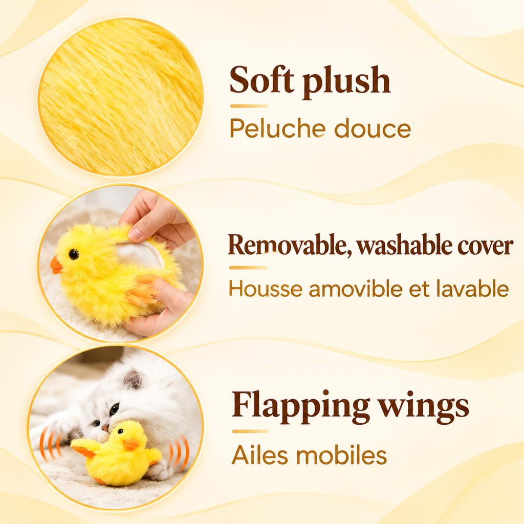 Feature collage showing the yellow plush texture, hands opening the removable cover and a white cat playing with the duck’s flapping wings.