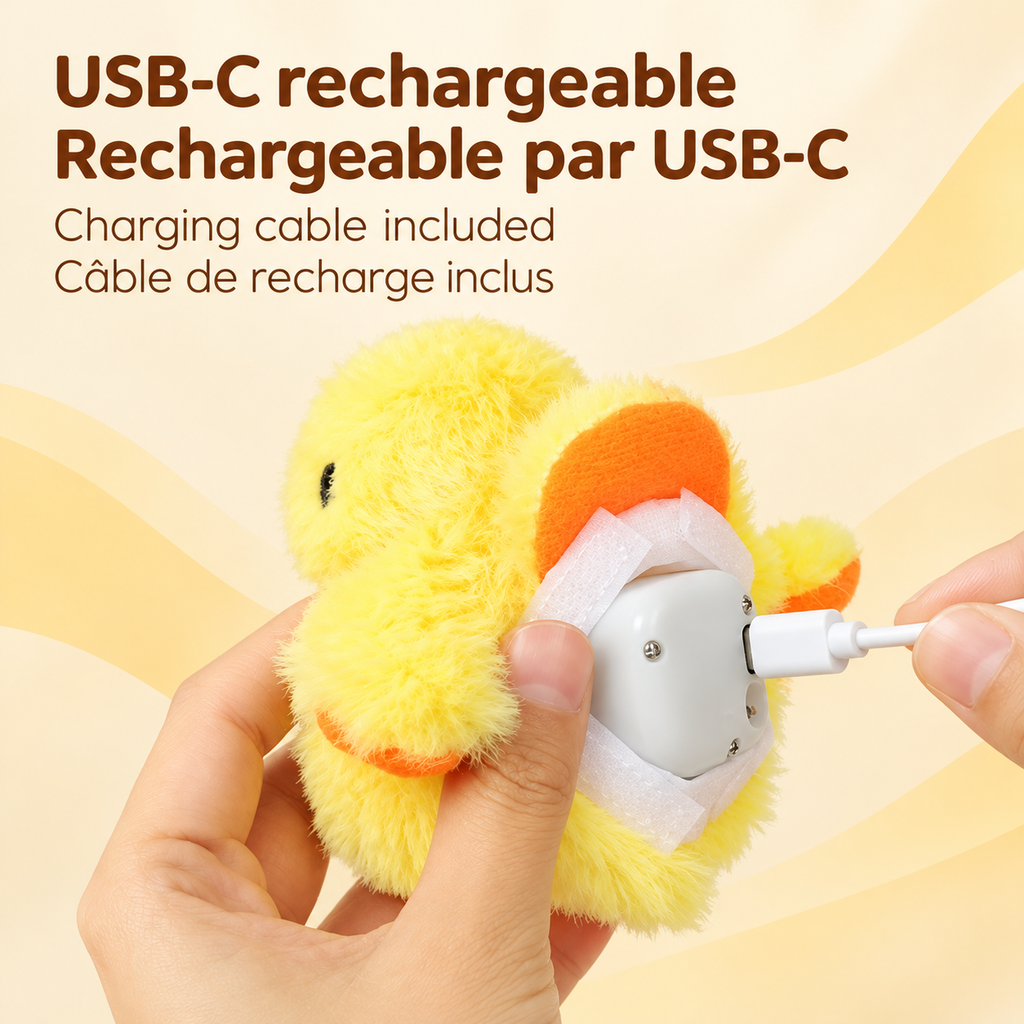 Hands connecting a USB-C charging cable to the Brighty FlappyDuck’s internal mechanism through the opened yellow plush cover.