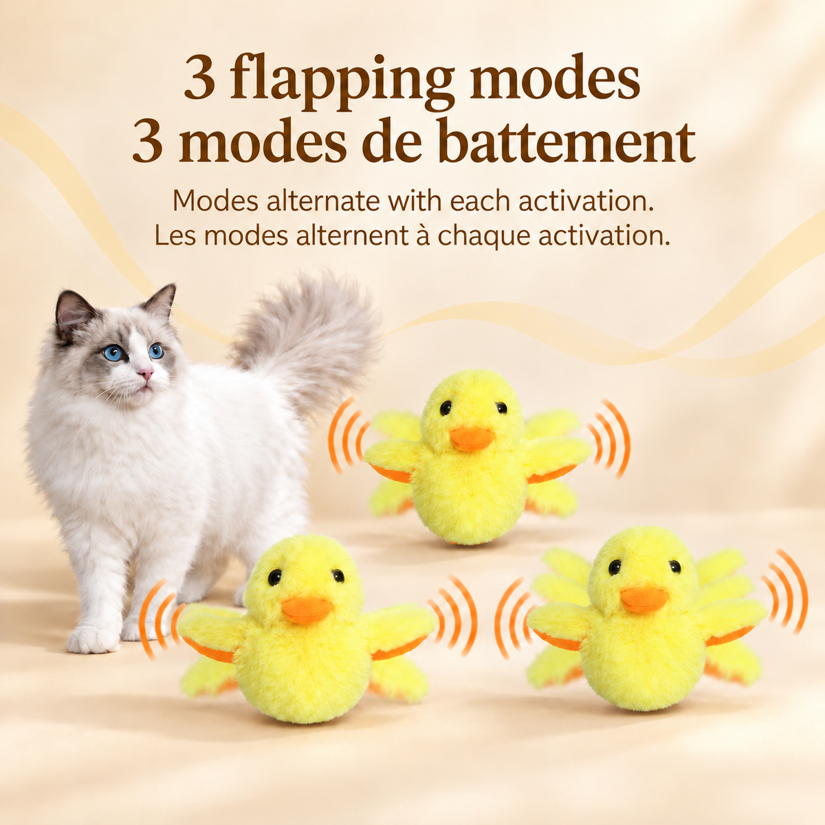 Three views of the yellow Brighty FlappyDuck illustrating alternating wing movements, with a blue-eyed cat standing beside the display.