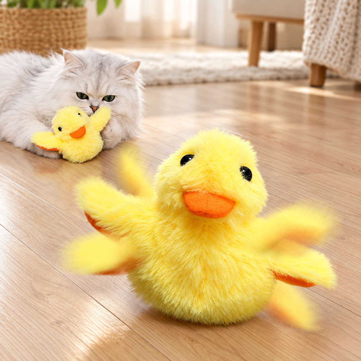 Yellow Brighty FlappyDuck with motion-blurred wings on a wooden floor, while a white cat holds another duck in the background.