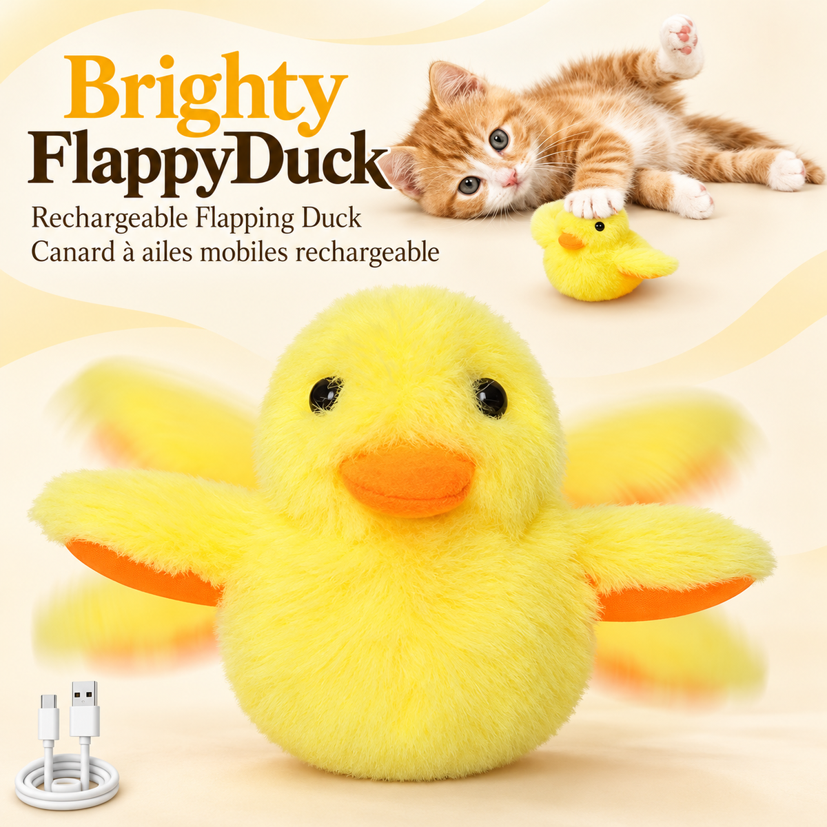 Yellow Brighty FlappyDuck with outstretched wings, an orange beak and black eyes, shown with a charging cable and an orange-and-white kitten playing in the background.
