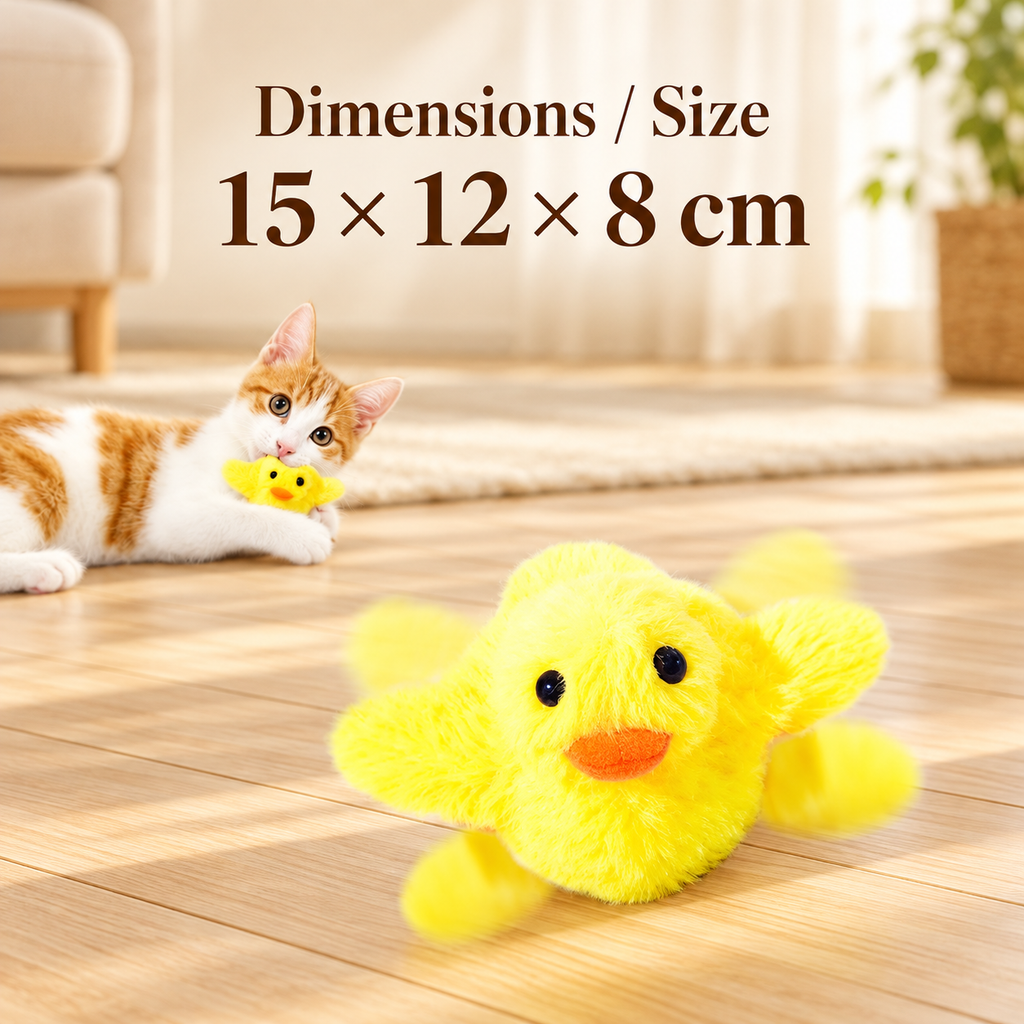 Yellow Brighty FlappyDuck with illustrated wing movement, showing dimensions of 15 × 12 × 8 cm, with an orange-and-white kitten holding another duck behind it.