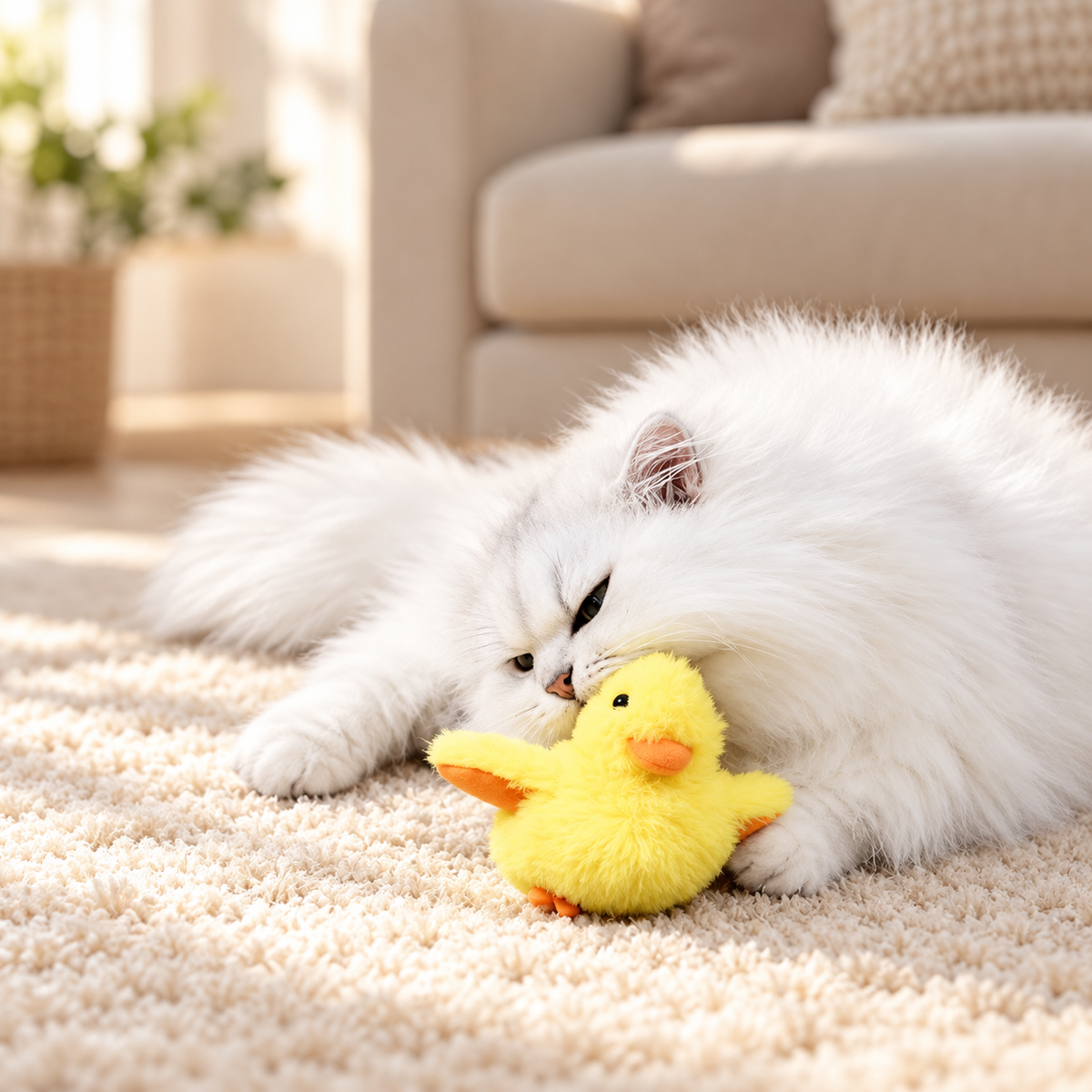 Fluffy white cat holding a yellow Brighty FlappyDuck on a cream rug, showing the duck’s soft plush body, orange beak and outstretched wings.