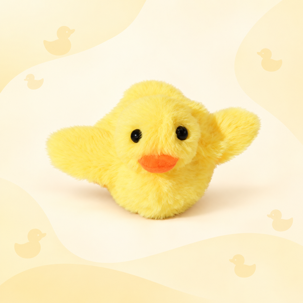Front view of the yellow Brighty FlappyDuck with raised wings, black eyes and an orange beak against a pale yellow duck-patterned background.