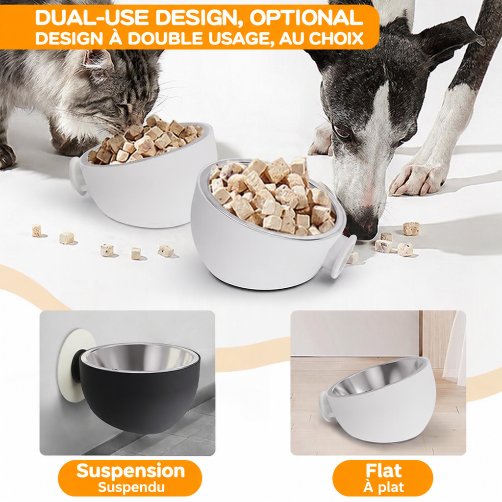 Product collage showing cats and dogs eating from white bowls, with examples of a wall-mounted black bowl and a floor-standing white bowl.