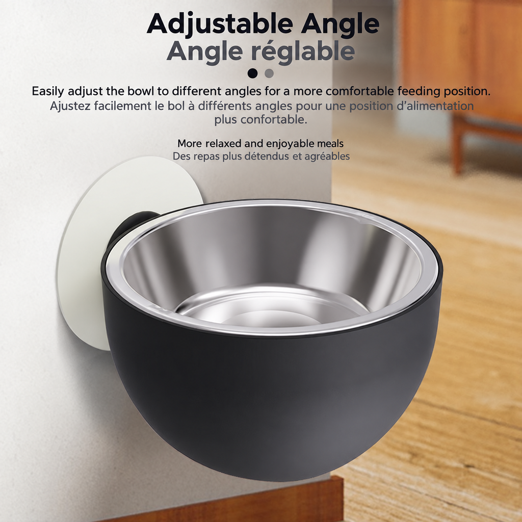 Close-up of a black wall-mounted Brighty FlexBowl with a stainless steel insert shown at an angle.