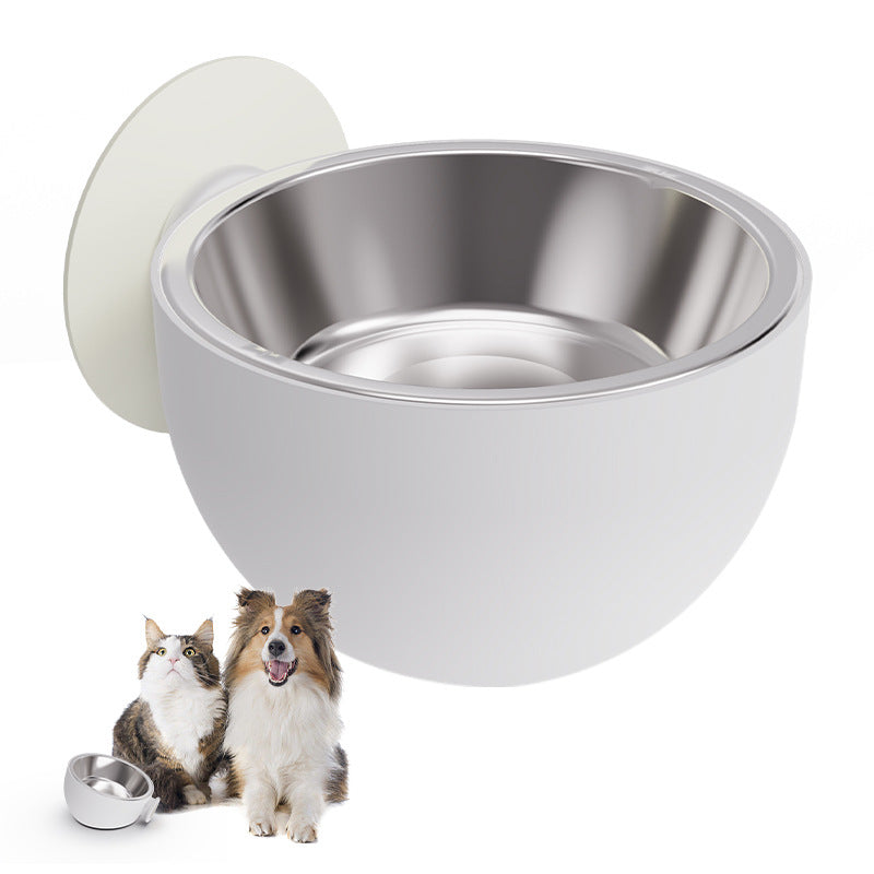 White Brighty FlexBowl with a stainless steel insert and round mounting plate, pictured above a cat and a dog.