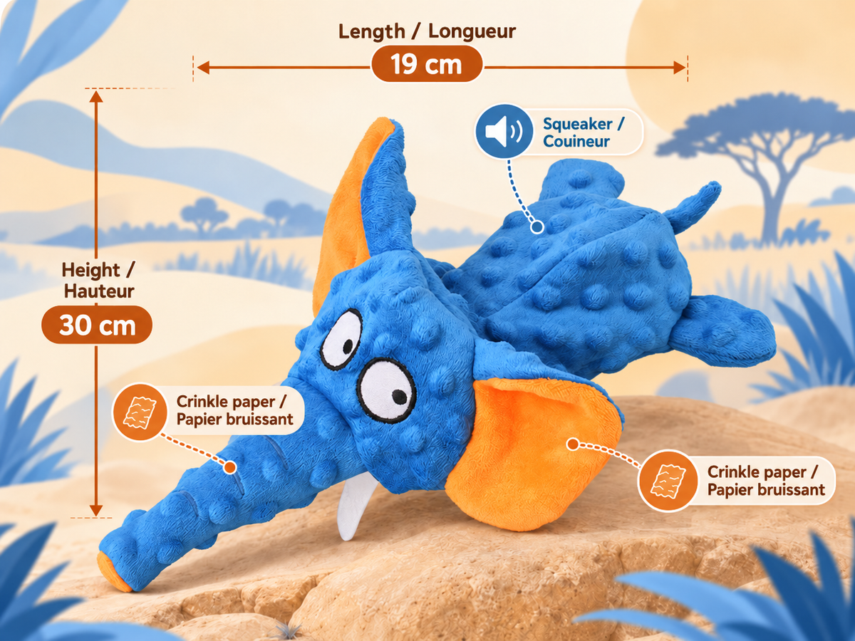 Dark blue Brighty Floppy Ears with size labels of 19 cm and 30 cm, plus markers showing a body squeaker and crinkle paper in the trunk and ears.