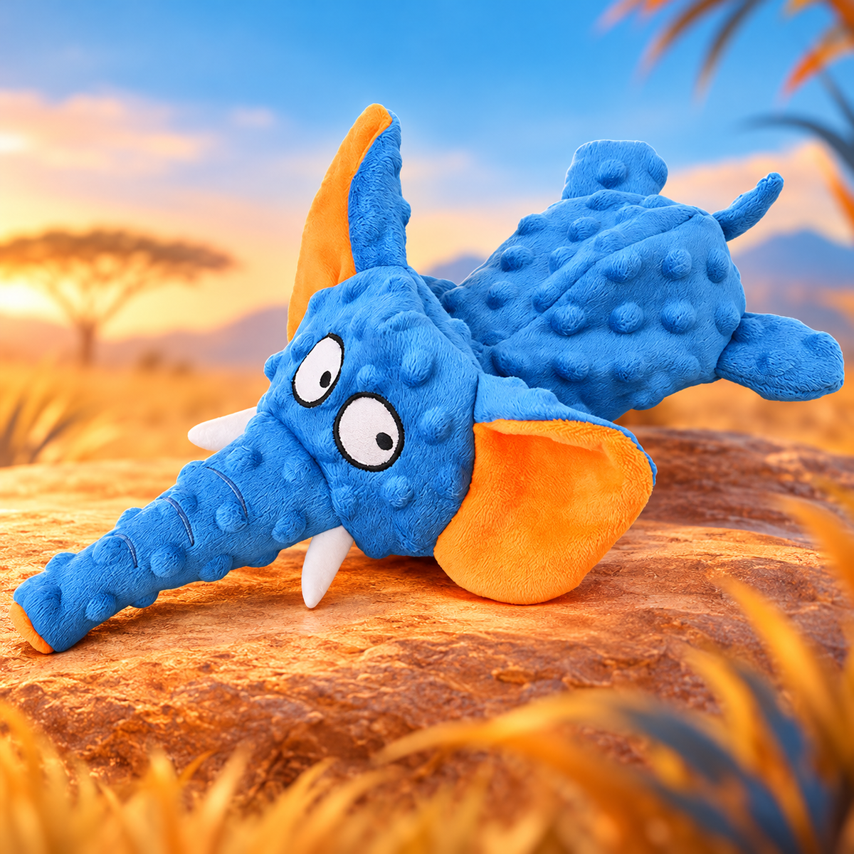 Dark blue Brighty Floppy Ears elephant with orange inner ears and trunk tip, white tusks and a dotted plush texture on a rock at sunset.