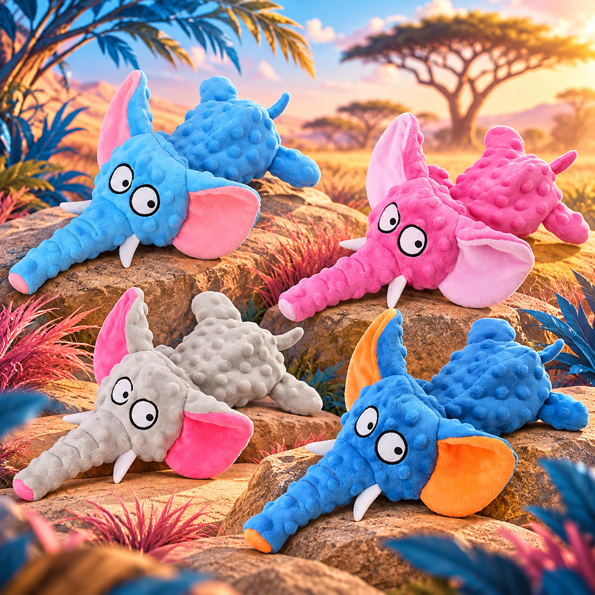 Light blue, pink, grey and dark blue Brighty Floppy Ears plush elephants arranged on rocks against a colourful savanna sunset background.
