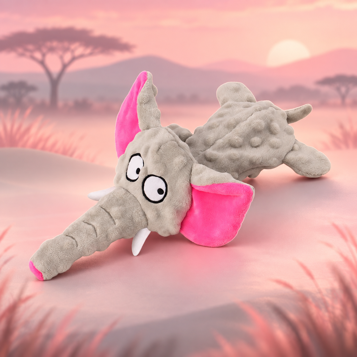 Grey Brighty Floppy Ears elephant with bright pink inner ears, a long trunk, white tusks and raised plush dots against a pink savanna background.