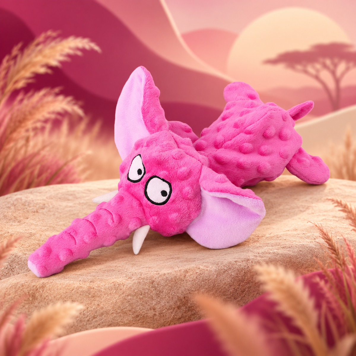 Pink Brighty Floppy Ears elephant with pale pink inner ears, a long trunk, white tusks and a dotted plush texture against a warm savanna background.