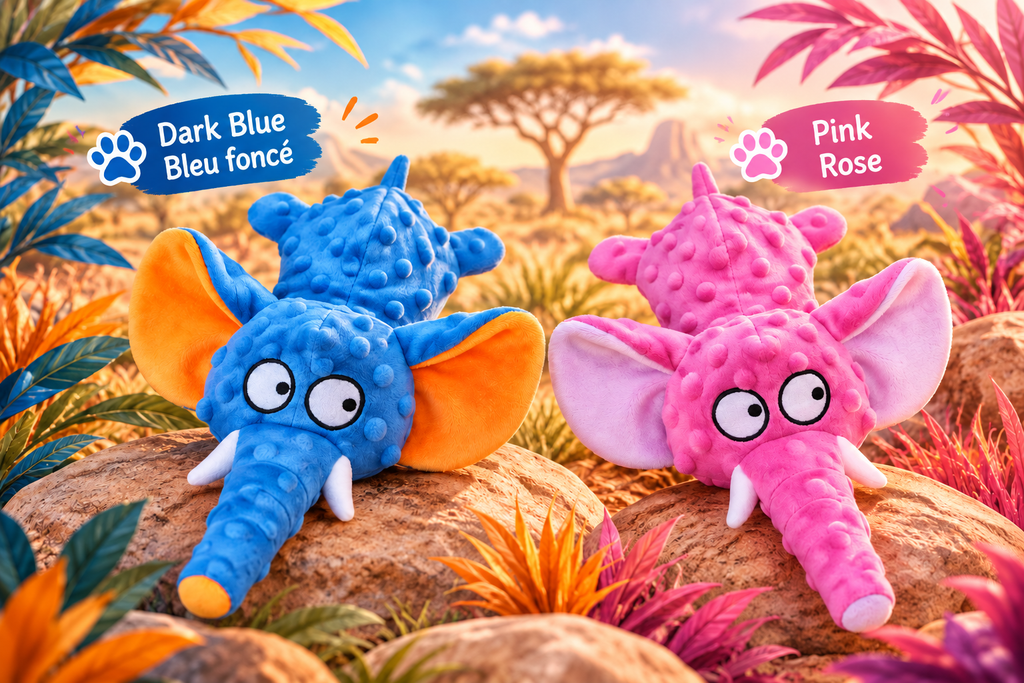 Dark blue and pink Brighty Floppy Ears elephants displayed together, showing contrasting inner ears, white tusks, long trunks and raised plush dots.