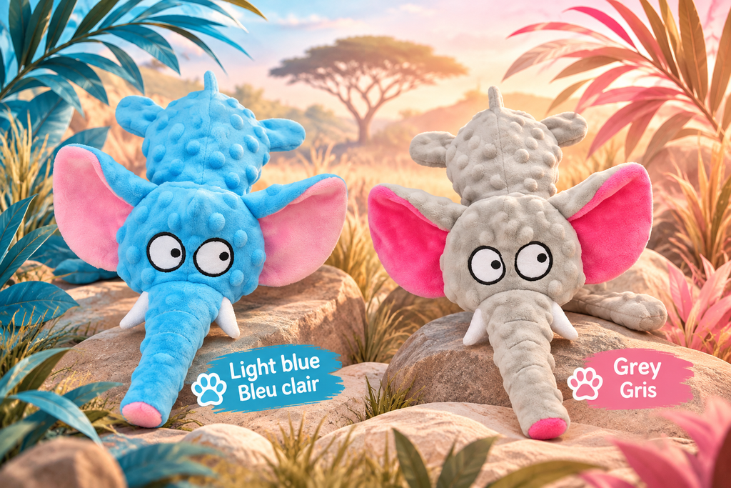 Light blue and grey Brighty Floppy Ears elephants displayed side by side on rocks, showing their contrasting pink ears, long trunks and textured bodies.