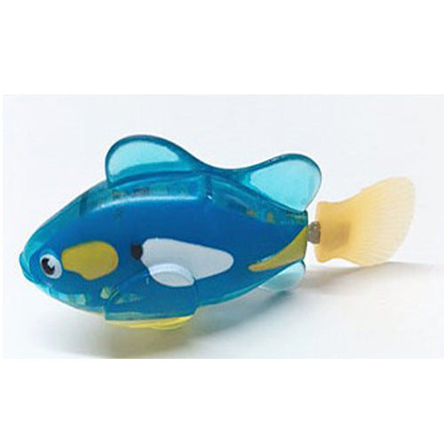 Deep blue Brighty GlowFish electronic swimming fish cat toy with white and yellow markings and a pale yellow tail.