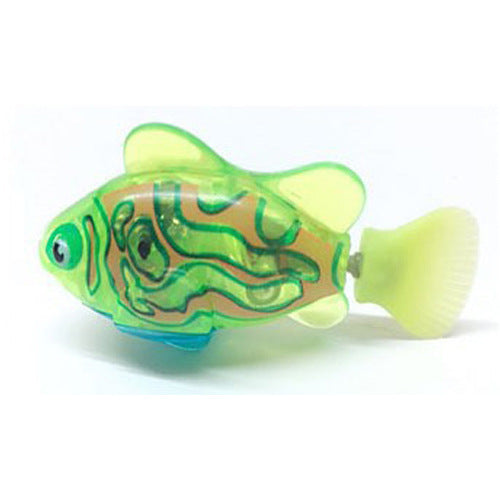 Fluorescent green Brighty GlowFish electronic swimming fish cat toy with dark green curved markings and a pale green tail.