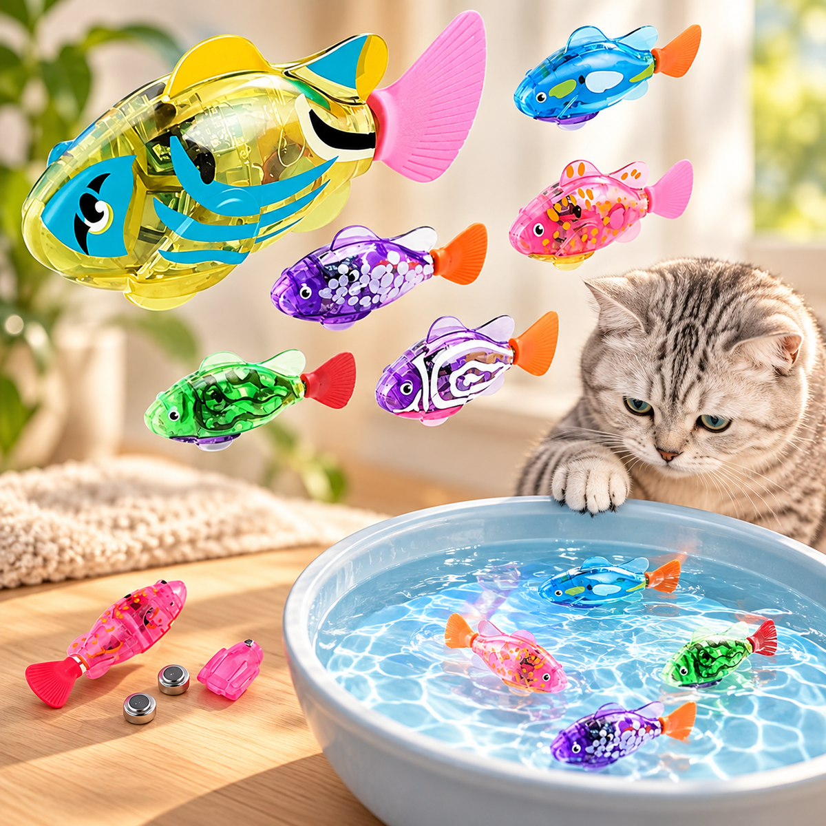 Promotional image of a tabby cat watching colourful Brighty GlowFish toys in a water-filled basin, with fish and battery close-ups.