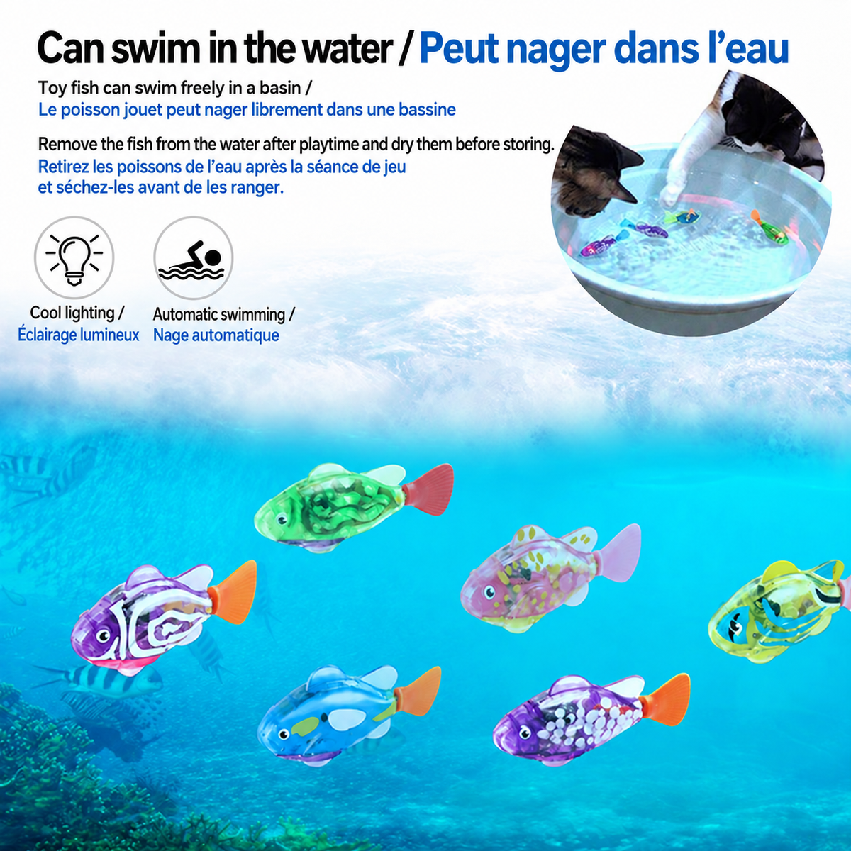 Brighty GlowFish water-play illustration featuring colourful swimming fish, cats watching a basin and instructions to dry the toys after use.