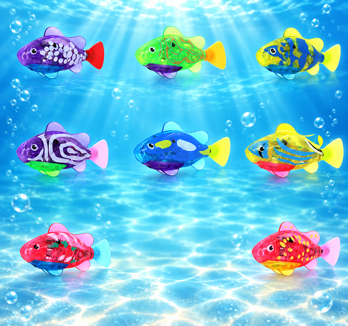 Eight Brighty GlowFish electronic swimming fish cat toys in a multicolour assortment, including spotted, striped and patterned designs.