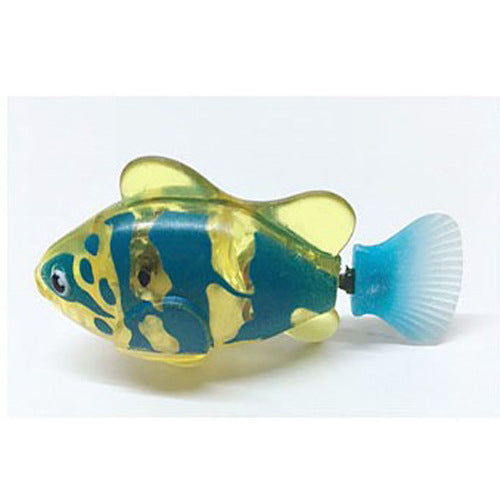 Yellow Brighty GlowFish electronic swimming fish cat toy with blue-green patterns and a blue tail, shown on a white background.