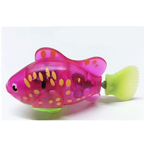 Pink Brighty GlowFish electronic swimming fish cat toy with yellow spots and a fluorescent green tail, shown on a white background.
