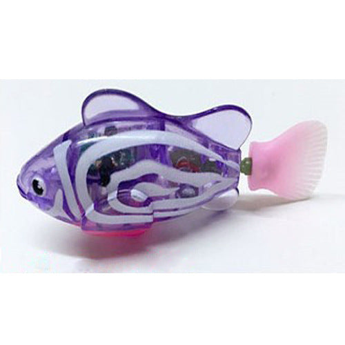 Purple Brighty GlowFish electronic swimming fish cat toy with white stripes and a pink tail, shown on a white background.