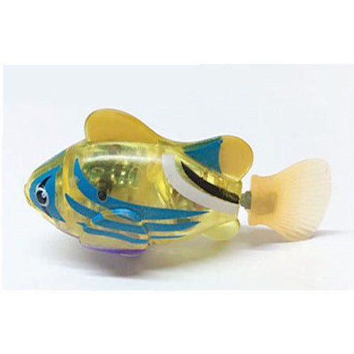 Yellow Brighty GlowFish electronic swimming fish cat toy with blue stripes and a pale yellow tail, shown on a white background.
