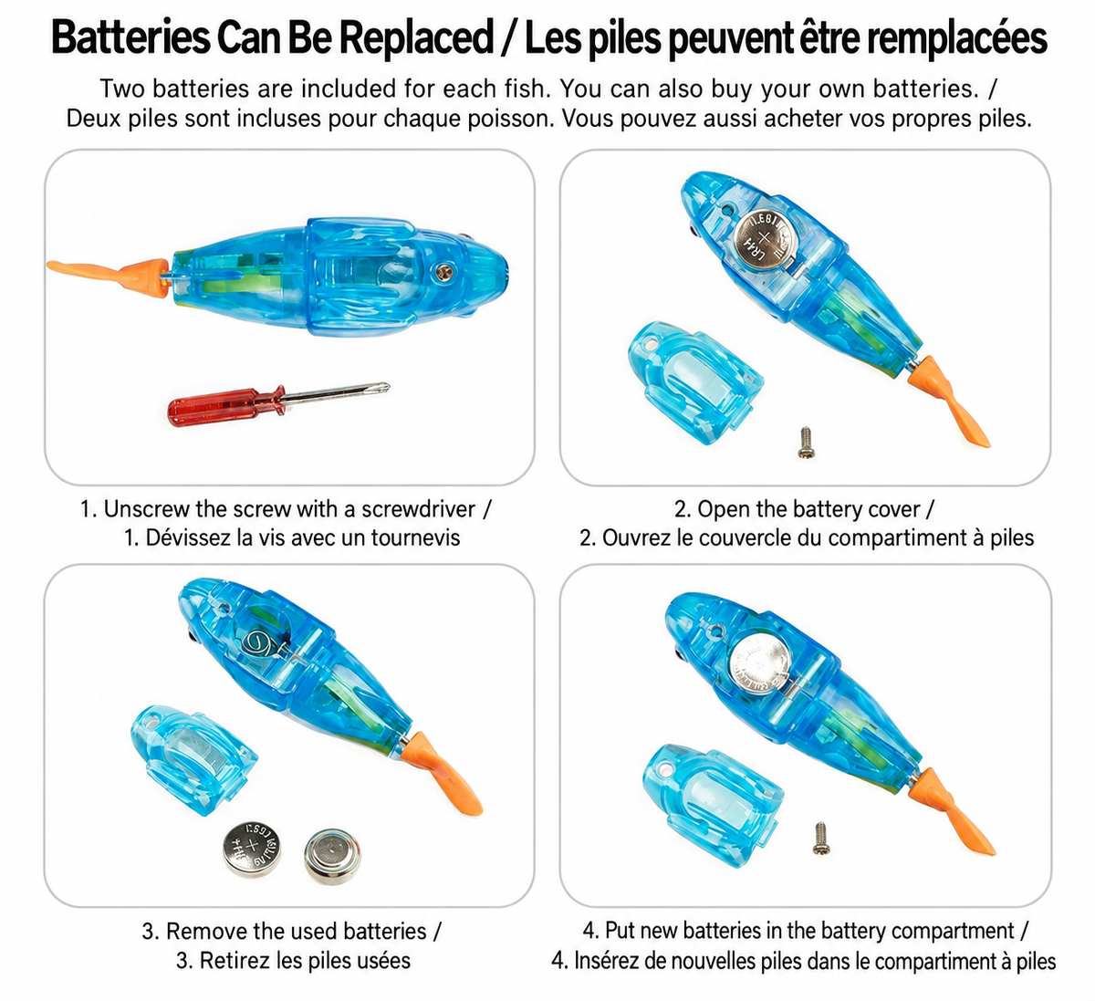 Four-step illustrated guide showing how to open the Brighty GlowFish battery compartment and replace the two button batteries.