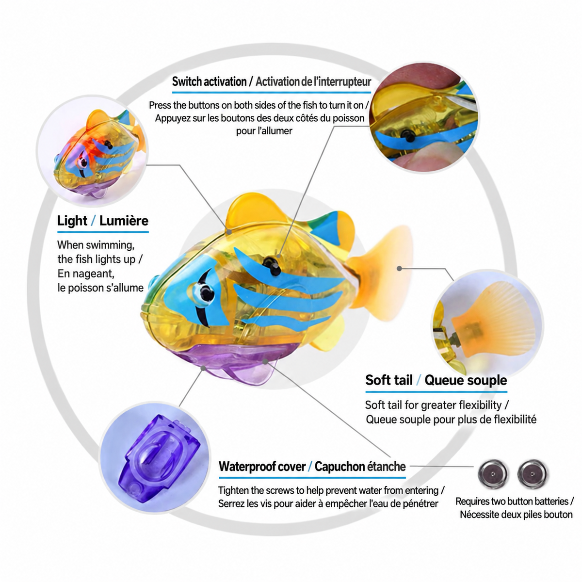 Brighty GlowFish striped yellow fish diagram showing side-button activation, lighting, a flexible tail and a screw-secured battery cover.