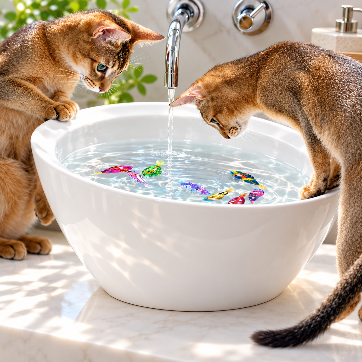 Two cats watching colourful Brighty GlowFish swimming fish toys in a white sink filled with water beneath a running faucet.