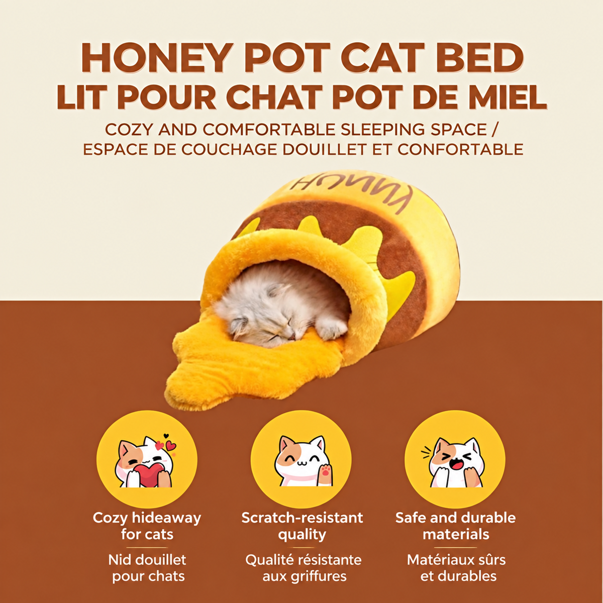 Promotional image of a sleeping cat inside the Brighty HoneyNest honey pot cat bed, with bilingual text describing its covered sleeping space.