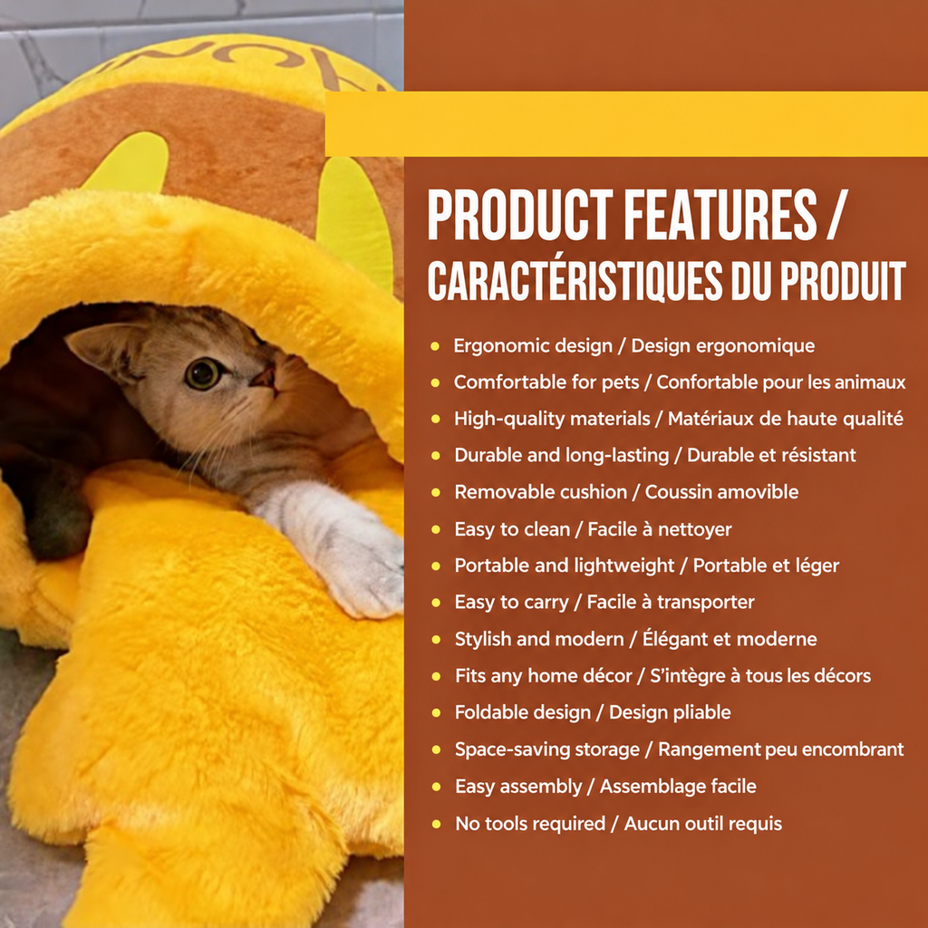 Cat peeking out of the Brighty HoneyNest honey pot cat bed beside a bilingual feature list that includes a removable cushion.
