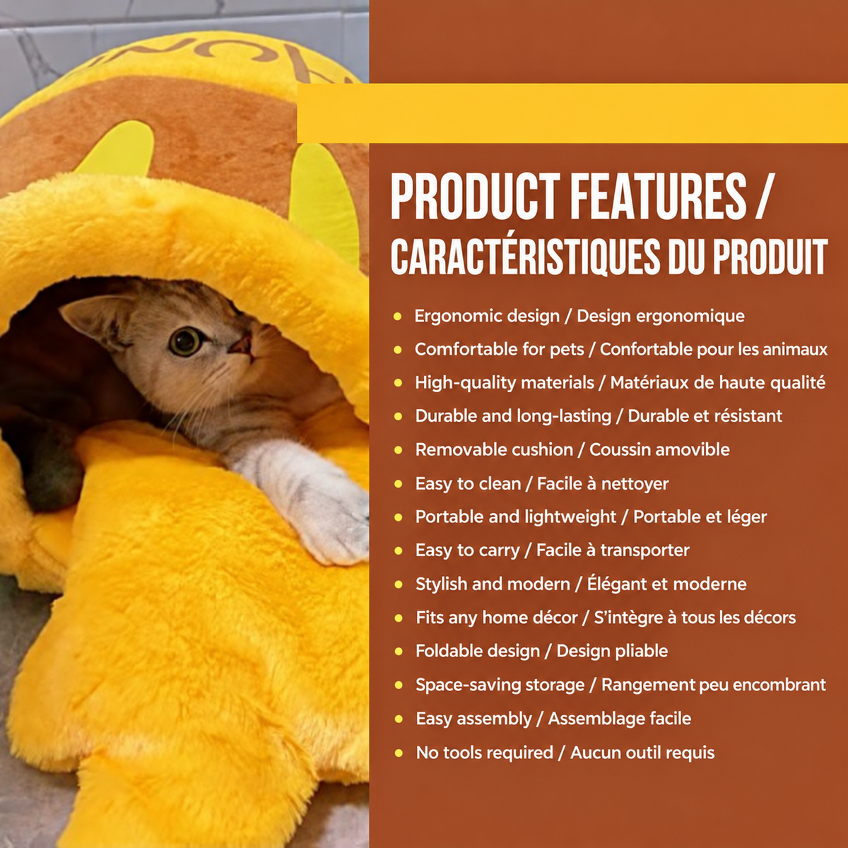 Cat peeking out of the Brighty HoneyNest honey pot cat bed beside a bilingual feature list that includes a removable cushion.