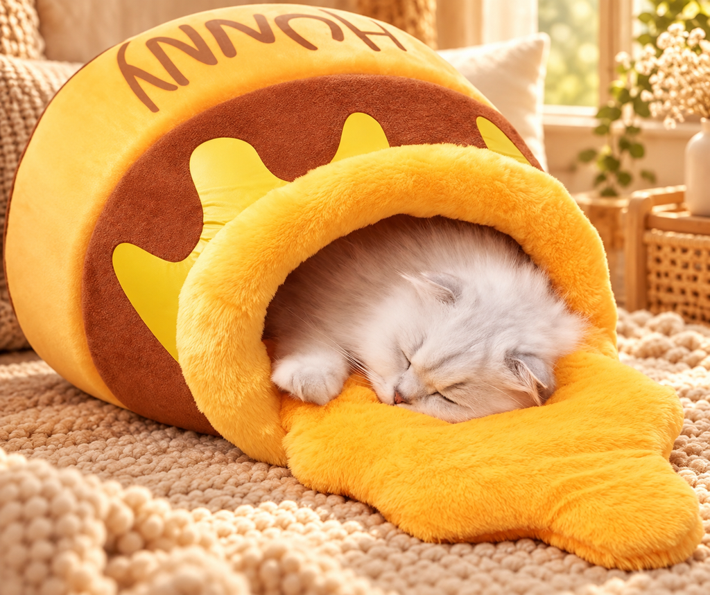 Fluffy cat sleeping inside the yellow and brown Brighty HoneyNest honey pot cat bed on a textured blanket in a sunlit room.