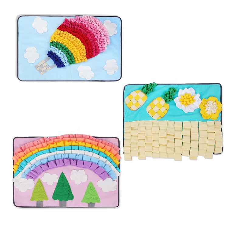 Brighty Hunt & Sniff dog snuffle mat shown in hot air balloon, rainbow forest, and pineapple flower designs