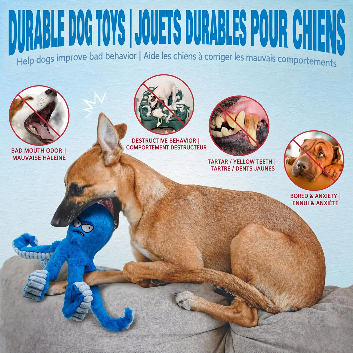 Dog playing with the blue Brighty Kraken durable octopus plush toy