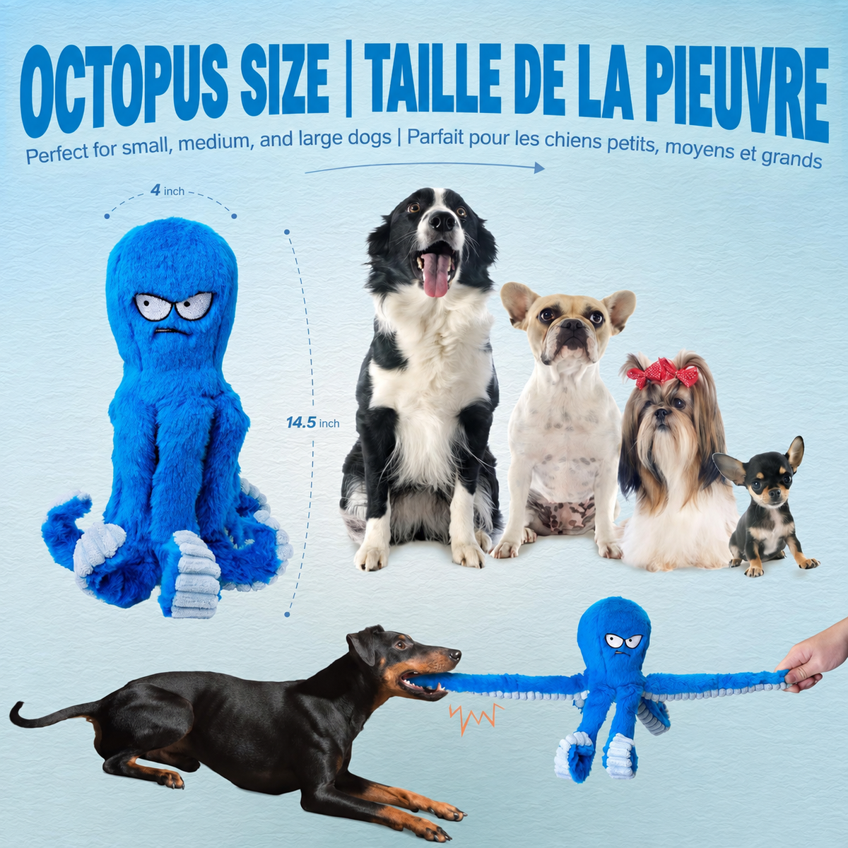 Brighty Kraken blue octopus dog toy size guide for small medium and large dogs