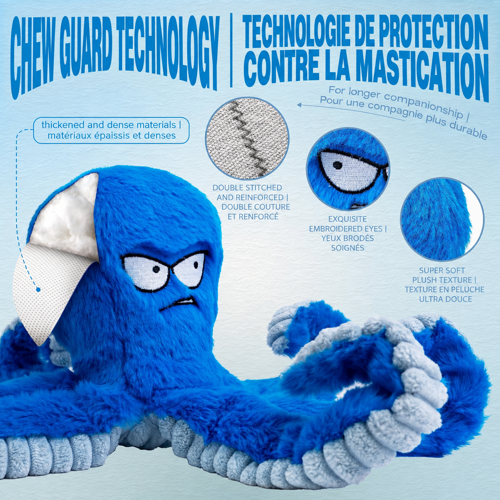 Brighty Kraken dog toy with reinforced stitching embroidered eyes and soft plush texture