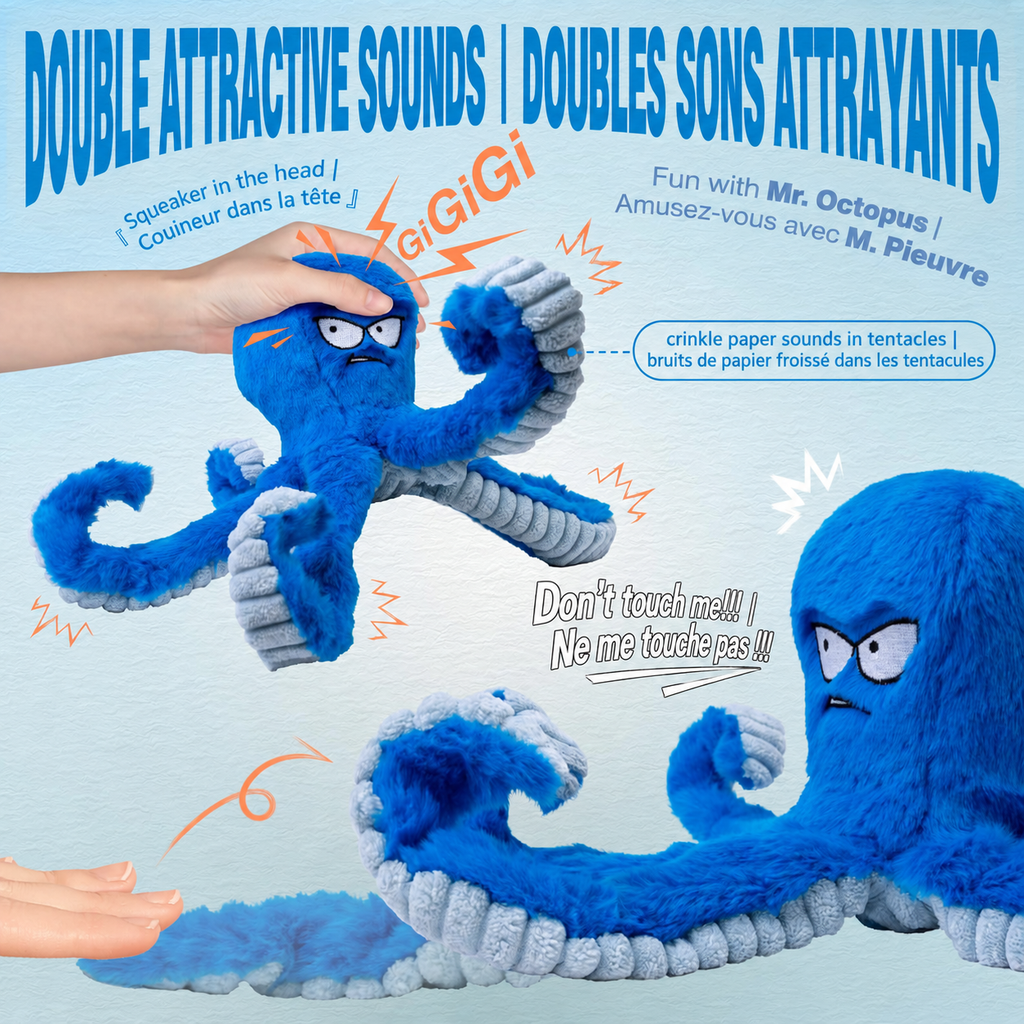 Brighty Kraken interactive octopus dog toy with squeaker and crinkle paper tentacles